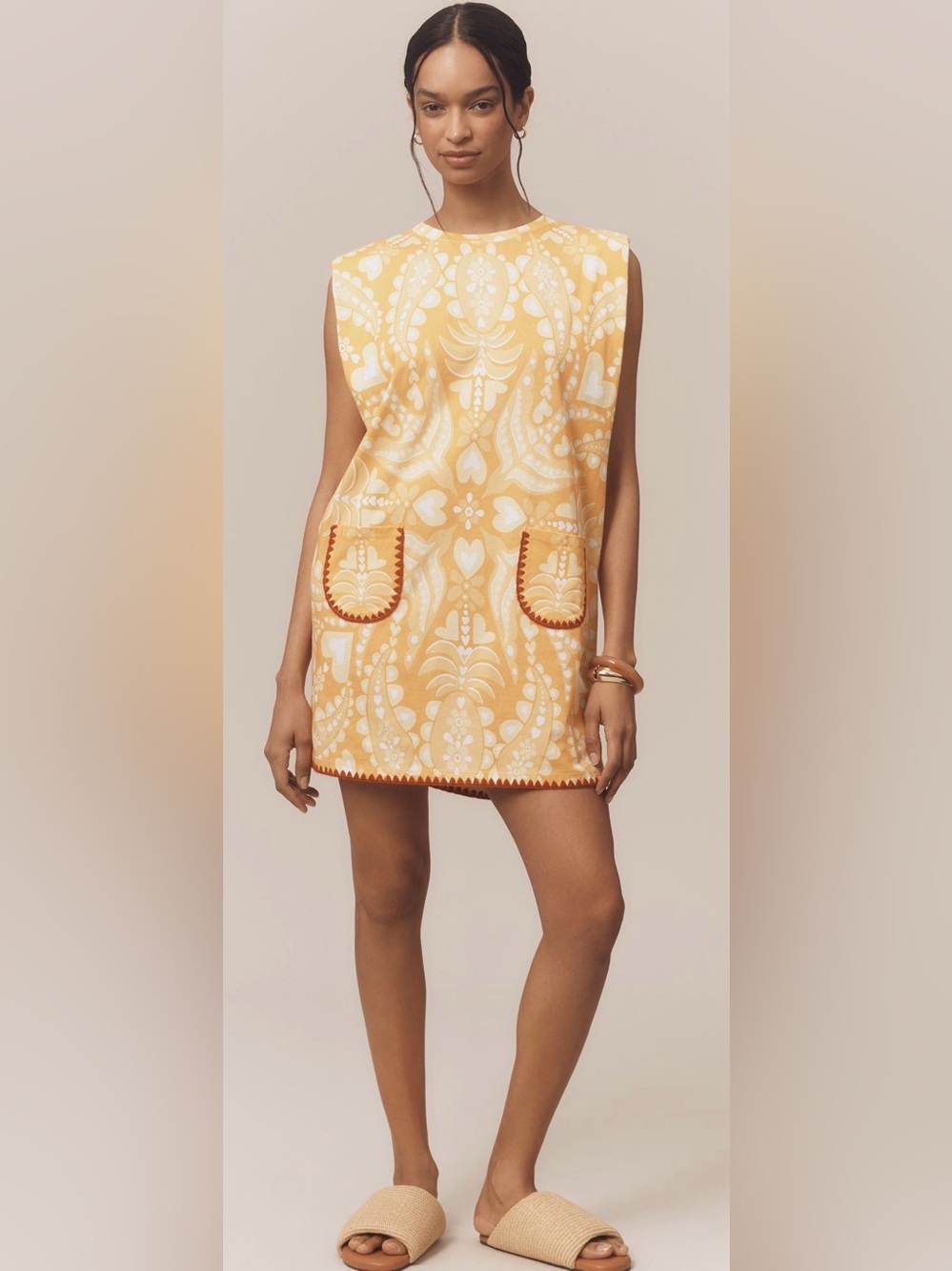 FARM RIO X ANTHROPOLOGIE YELLOW & WHITE PRINT MINI DRESS, size XL